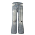Blue straight-leg men's jeans with ripped detailing and retro summer styling