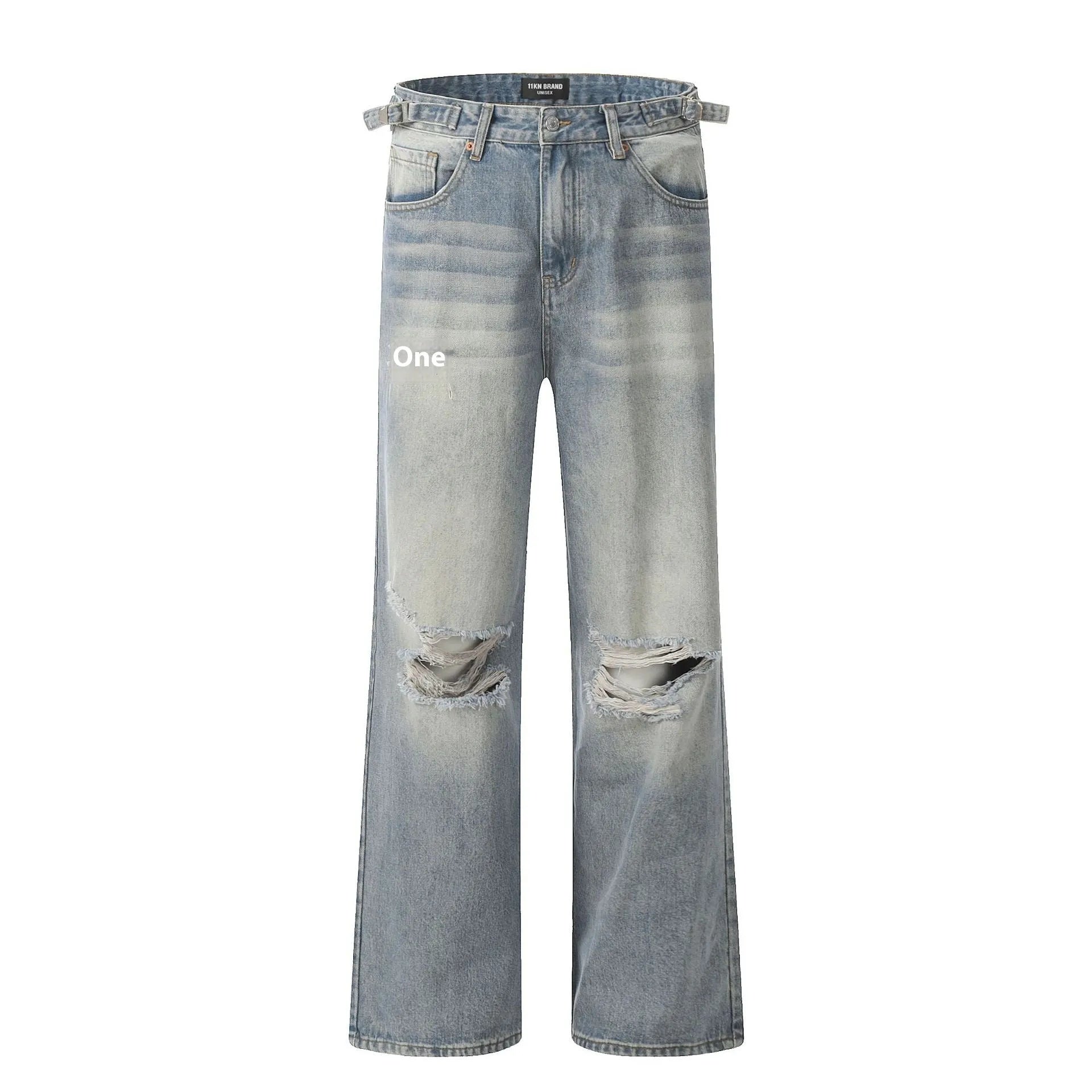 Blue straight-leg men's jeans with ripped detailing and retro summer styling