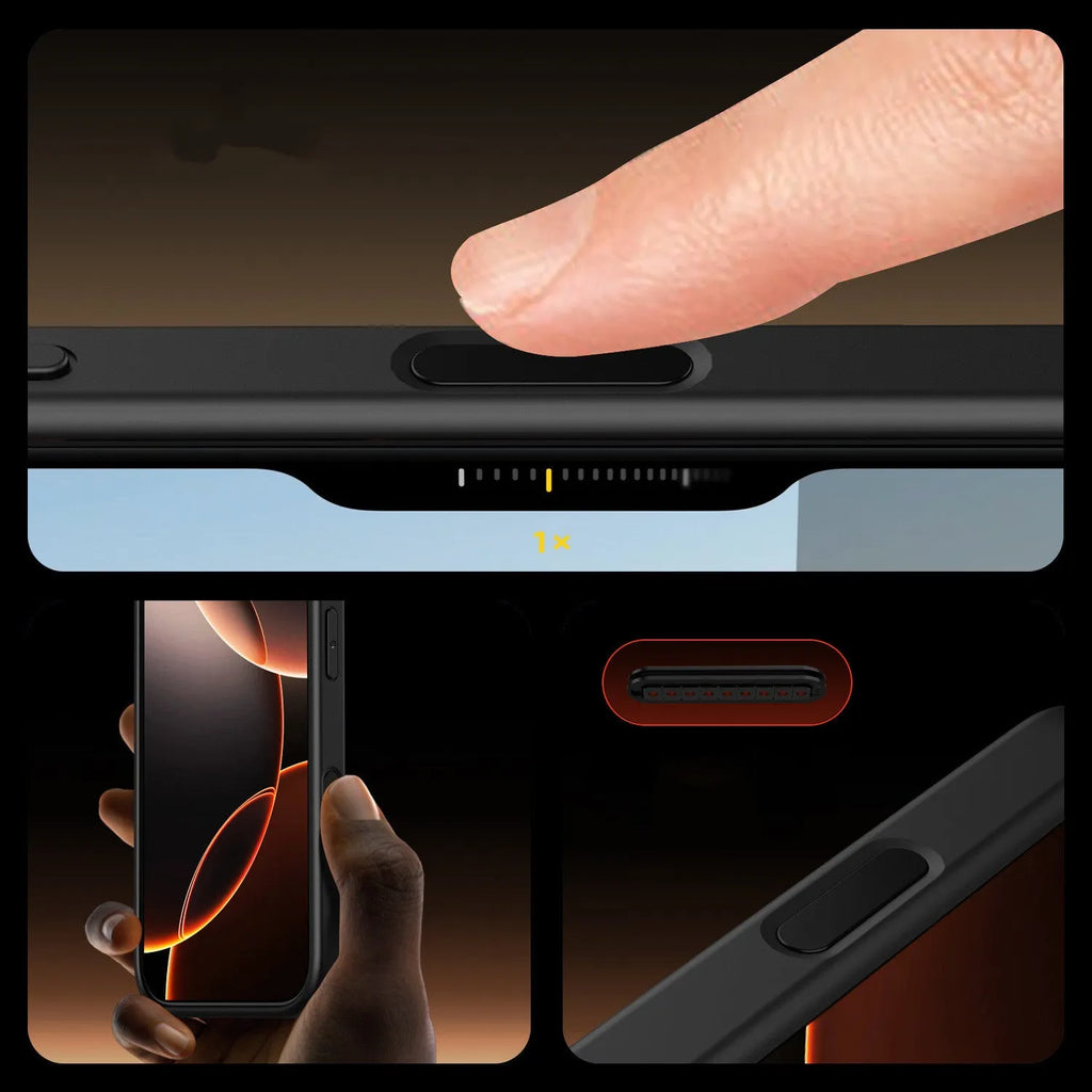 Black transparent magnetic protective case for iPhone 16 models with airbag technology.