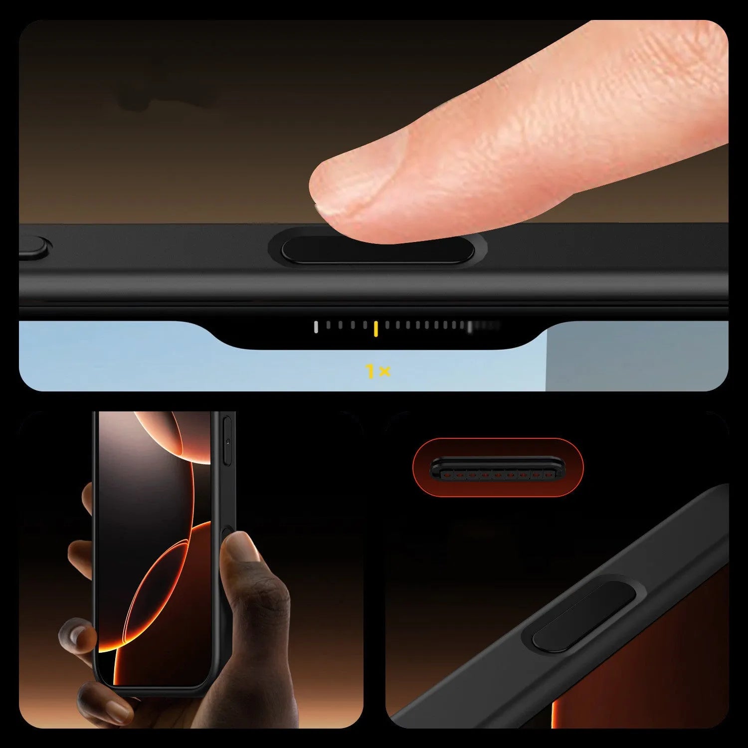 Black transparent magnetic protective case for iPhone 16 models with airbag technology.