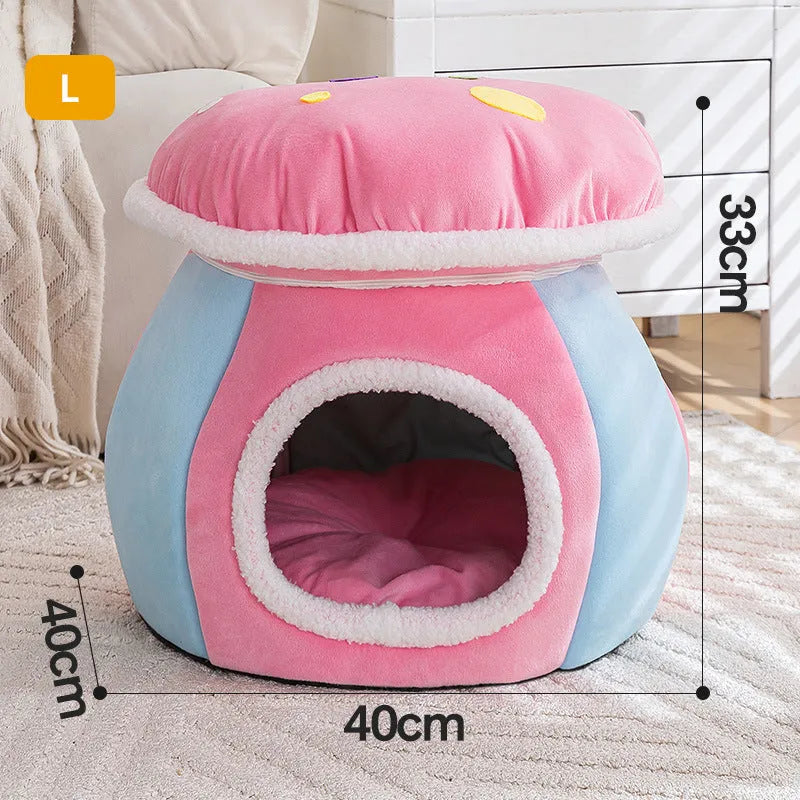 Plush grey mushroom-shaped cat bed with a detachable rabbit fur blanket inside.