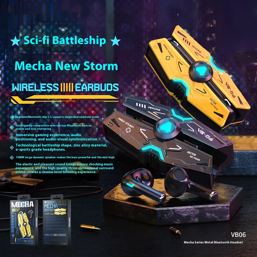 Mech Battleship Bluetooth headset in tarnish with metal construction and e-sports low latency chip