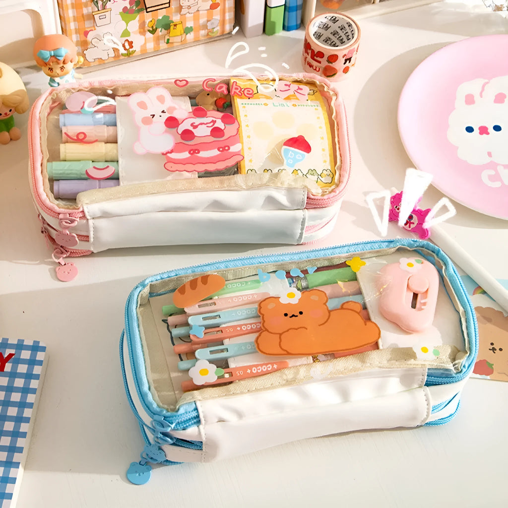 Transparent Japanese pencil case with rabbit designs in pink and red colour options