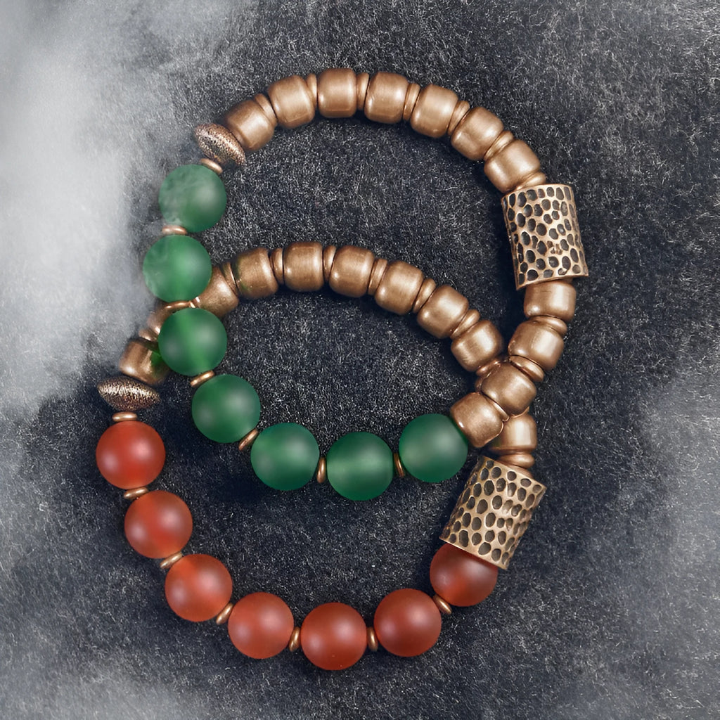 Retro ethnic style natural agate bracelet for couples in green or red, with old processing technique