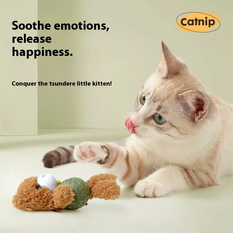 Brown bear design catnip plush toy with bell and mint ball for cats, showing 15cm height