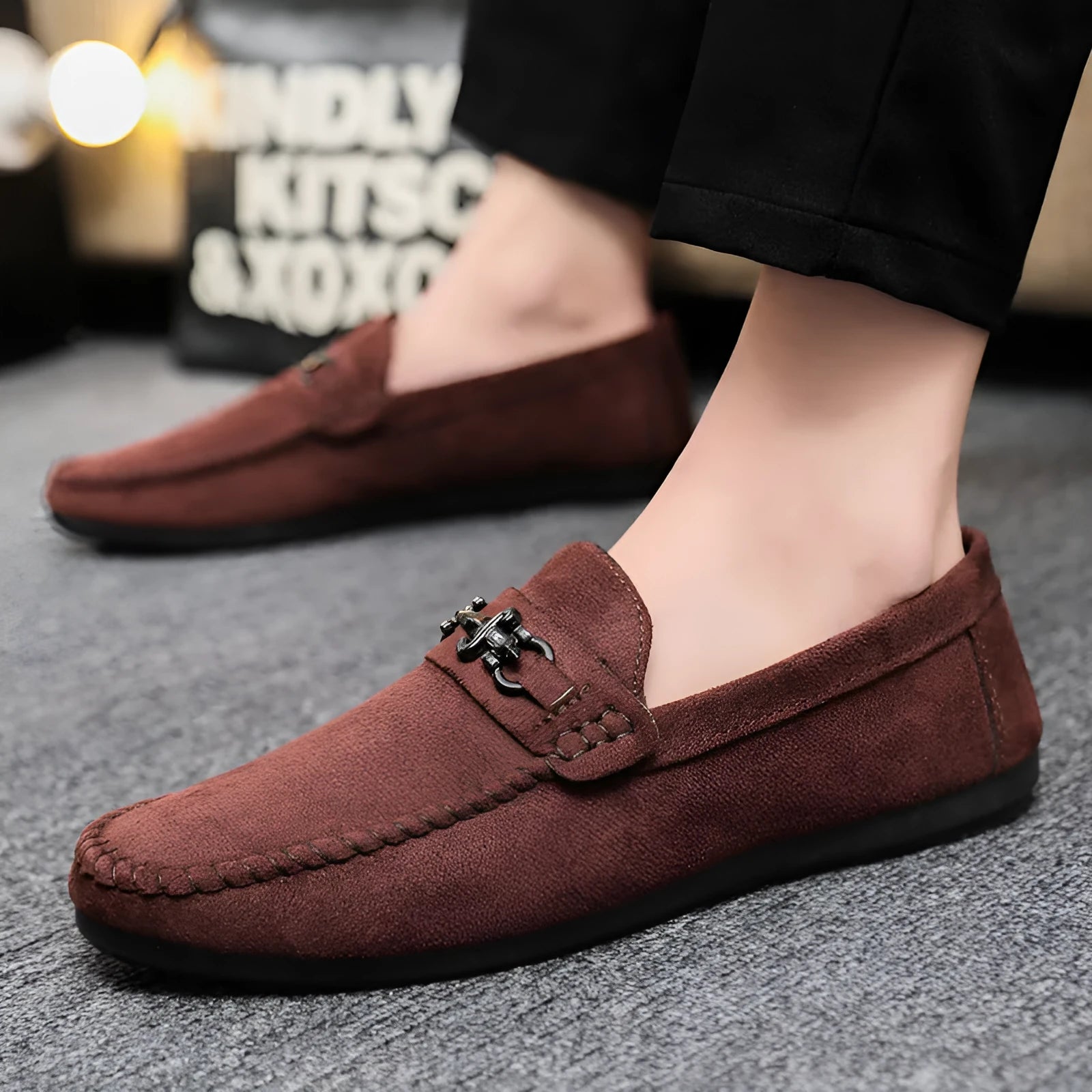 Men's black waterproof slip-on loafers with round toe and low heel casual design
