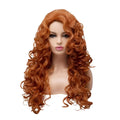 Brown long wavy curly synthetic wig on a wig head, for cosplay or Halloween.