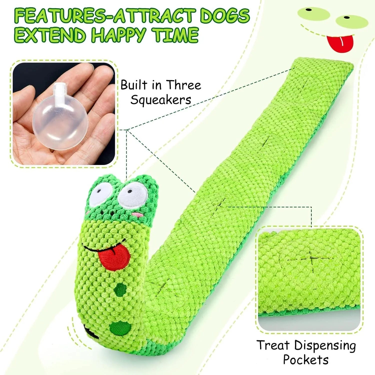 Shape-changing dog puzzle toy shown as a snail and a stick, with hidden food holes and a squeaker.