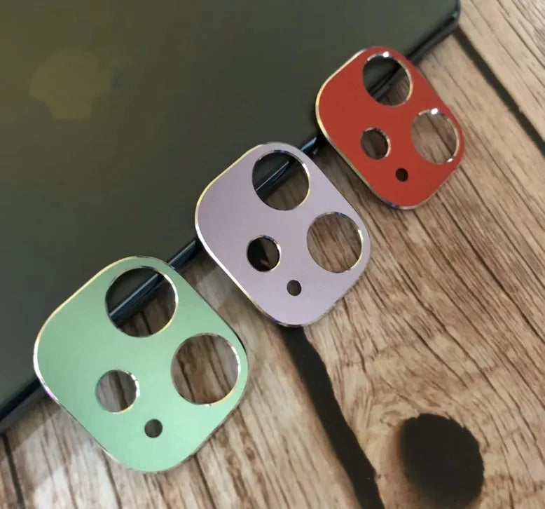 Metal lens protection ring for iPhone 11 and iPhone 11 Pro rear camera, shown in various colour options.