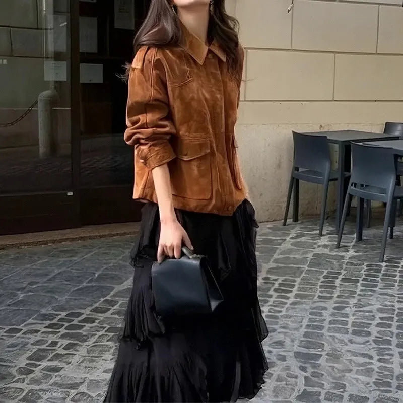 Women's brown polyester suede coat with regular sleeves street chic style