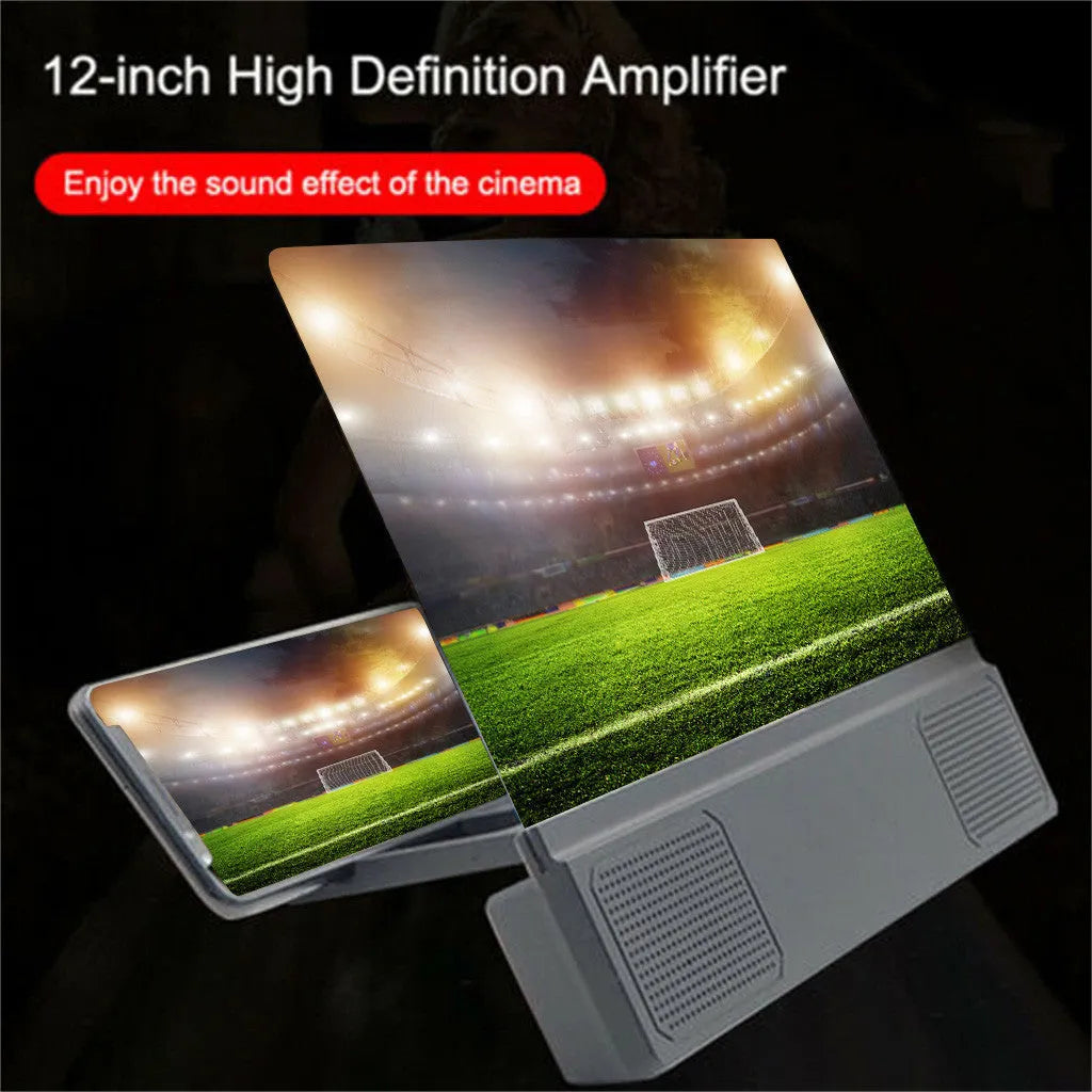 12-inch mobile phone screen amplifier with flexible gooseneck stand and speaker on a table
