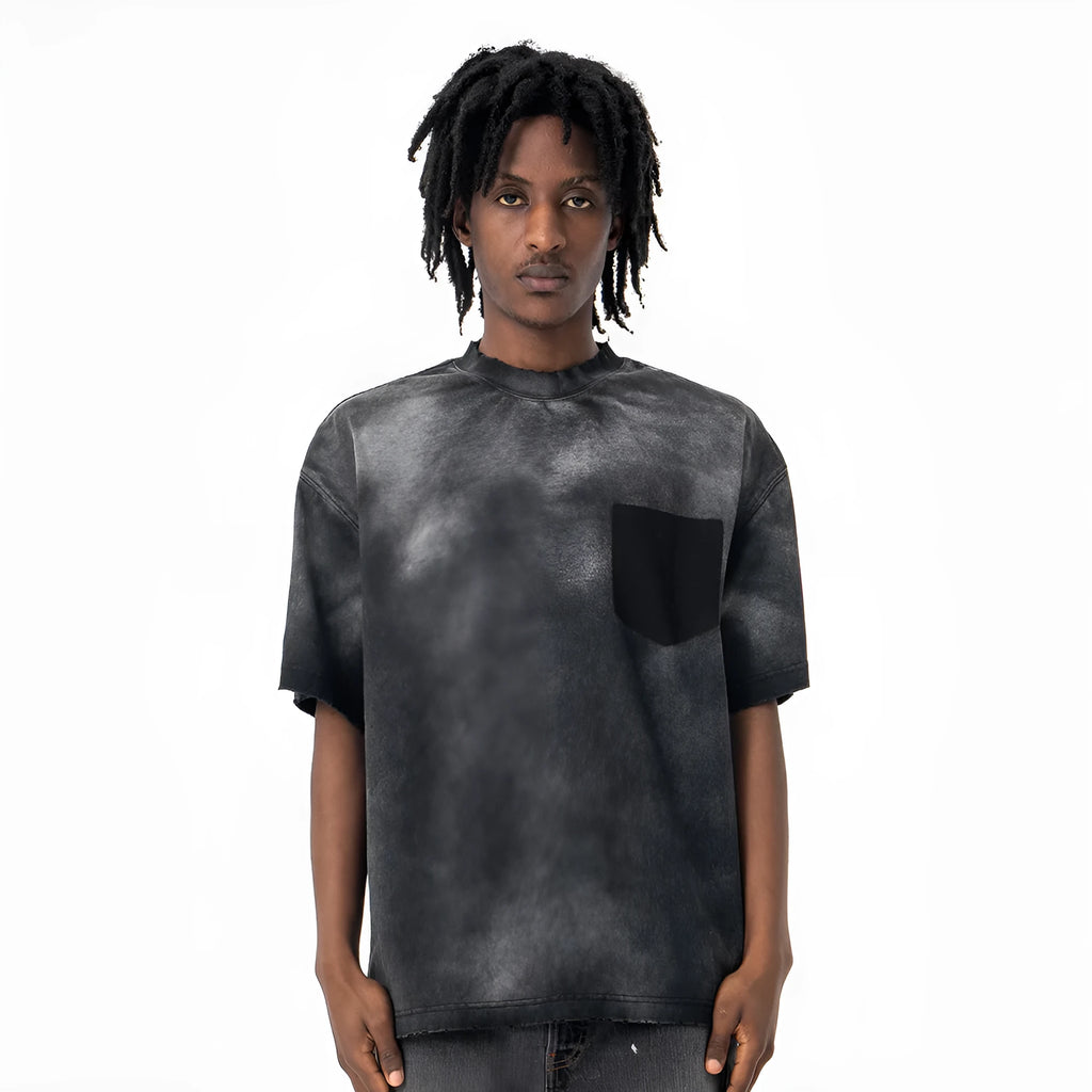 Men's black loose fit cotton t-shirt with drop-shoulder sleeves and printed letter design