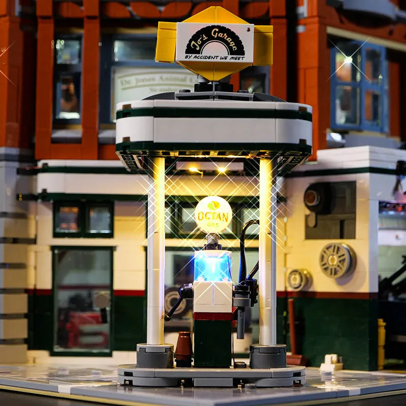 Plastic MOC model LED lighting accessories kit for building a lit corner repair shop scene.