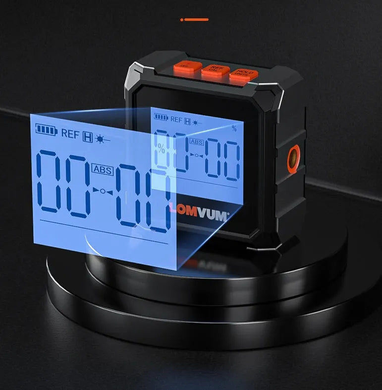 Laser infrared digital inclinometer with extended steel tape measure, showing alloy casing and display.