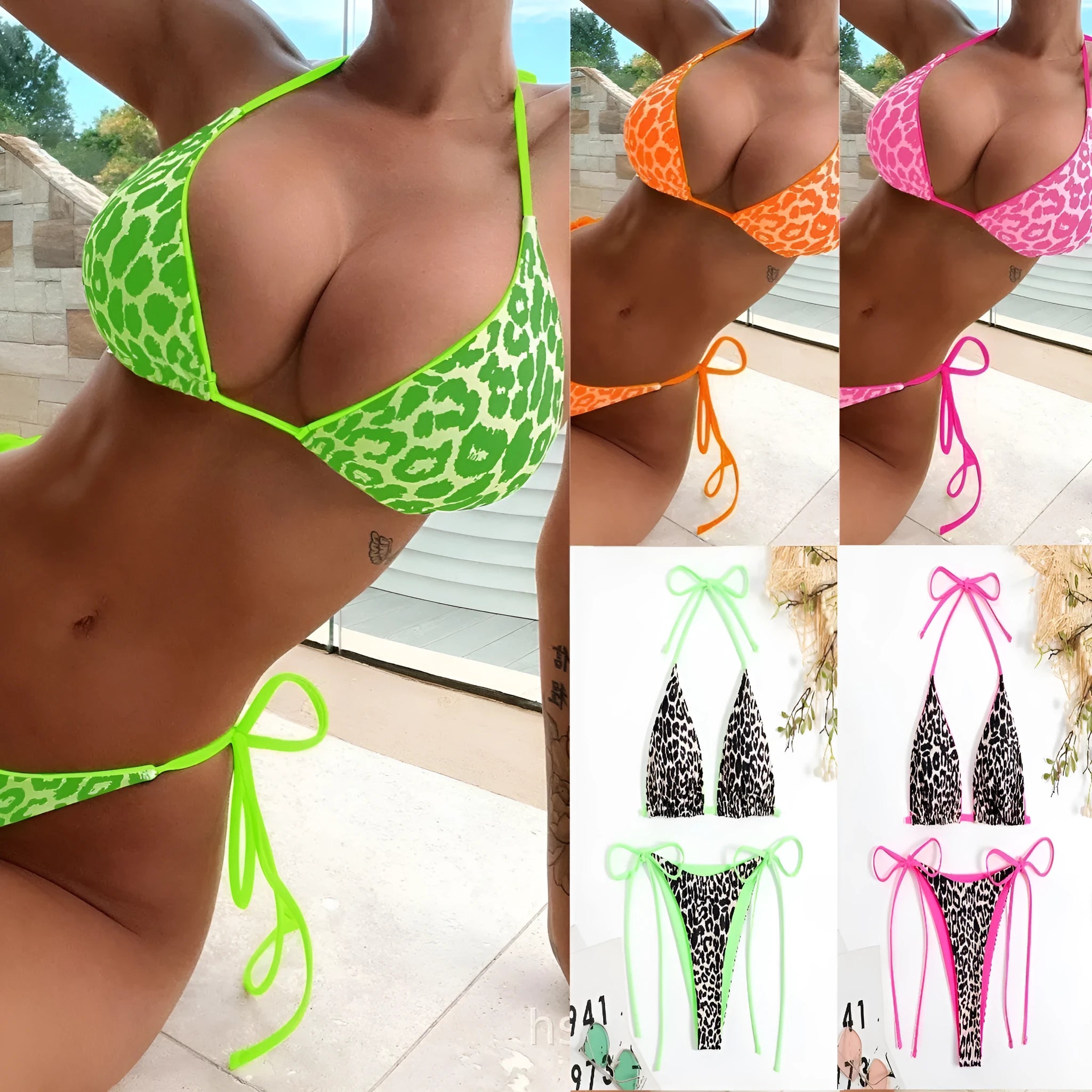 Women's lace-up front triangle bikini with split bottoms in various colour options