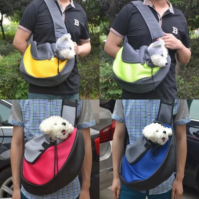 Polyester pet backpack carrier for a small dog, shown in blue colour.