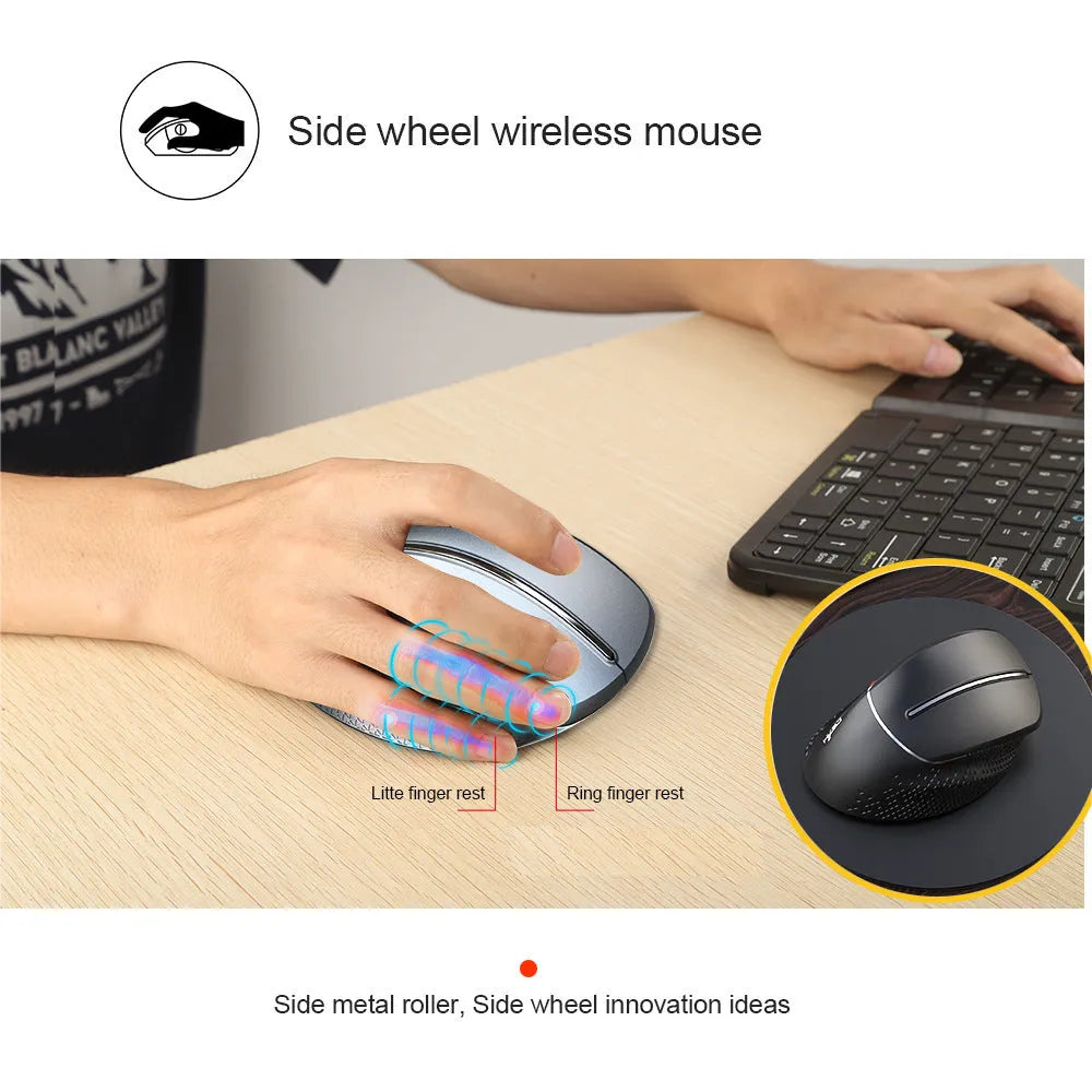 T32 wireless vertical ergonomic mouse in black or silver matte finish with aluminium side roller.