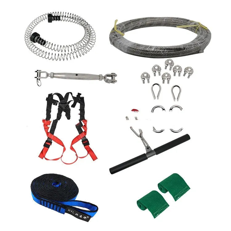 XYL Ziptreck Suit 10 metre pulley slide rope with handle and safety components for outdoor play