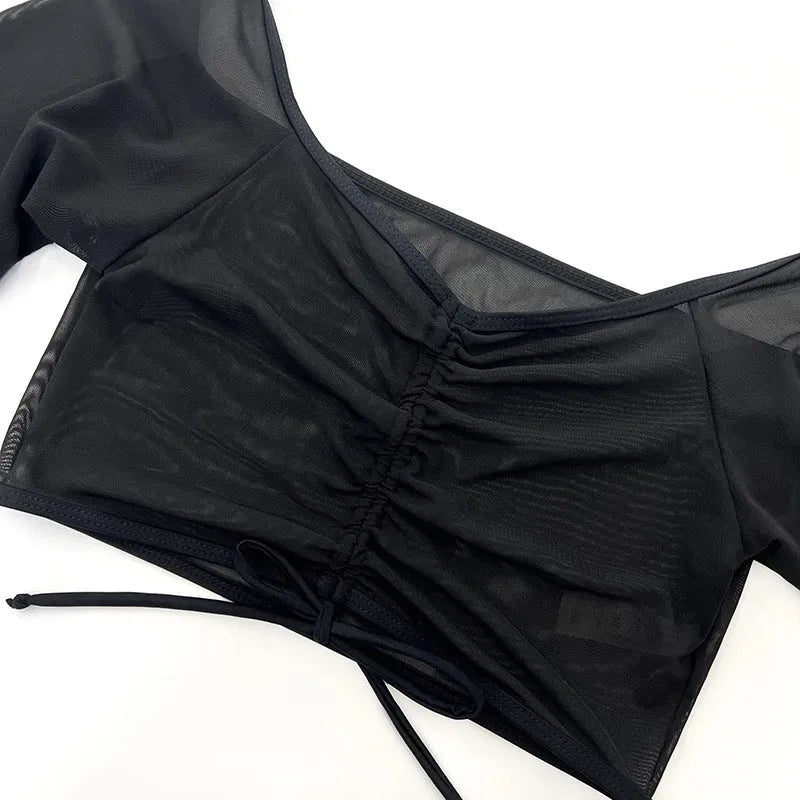 Black mesh four-piece bikini suit with long sleeves for women's swimming and wading sports
