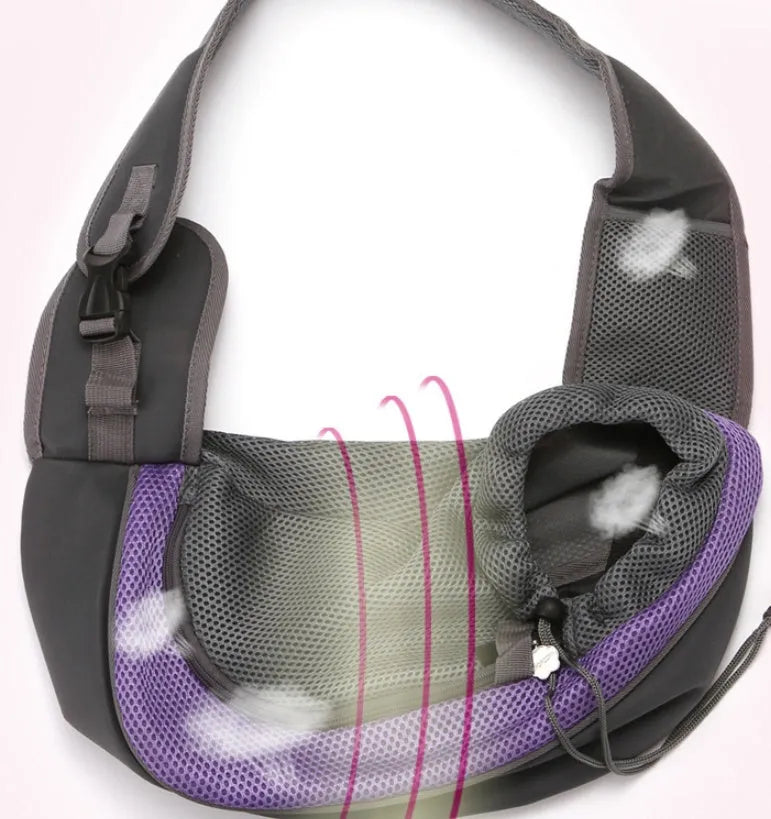 Polyester pet backpack carrier for a small dog, shown in blue colour.