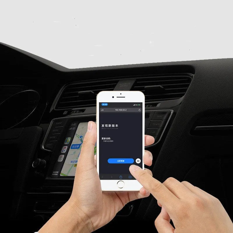 Black ABS wireless CarPlay adapter module with USB connector measuring 80x46x10mm