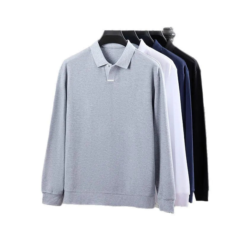 Men's loose fit cotton polo shirt with lapel collar in grey shown front view