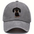 Retro blue cotton baseball cap with a detailed Dachshund dog design on the front.