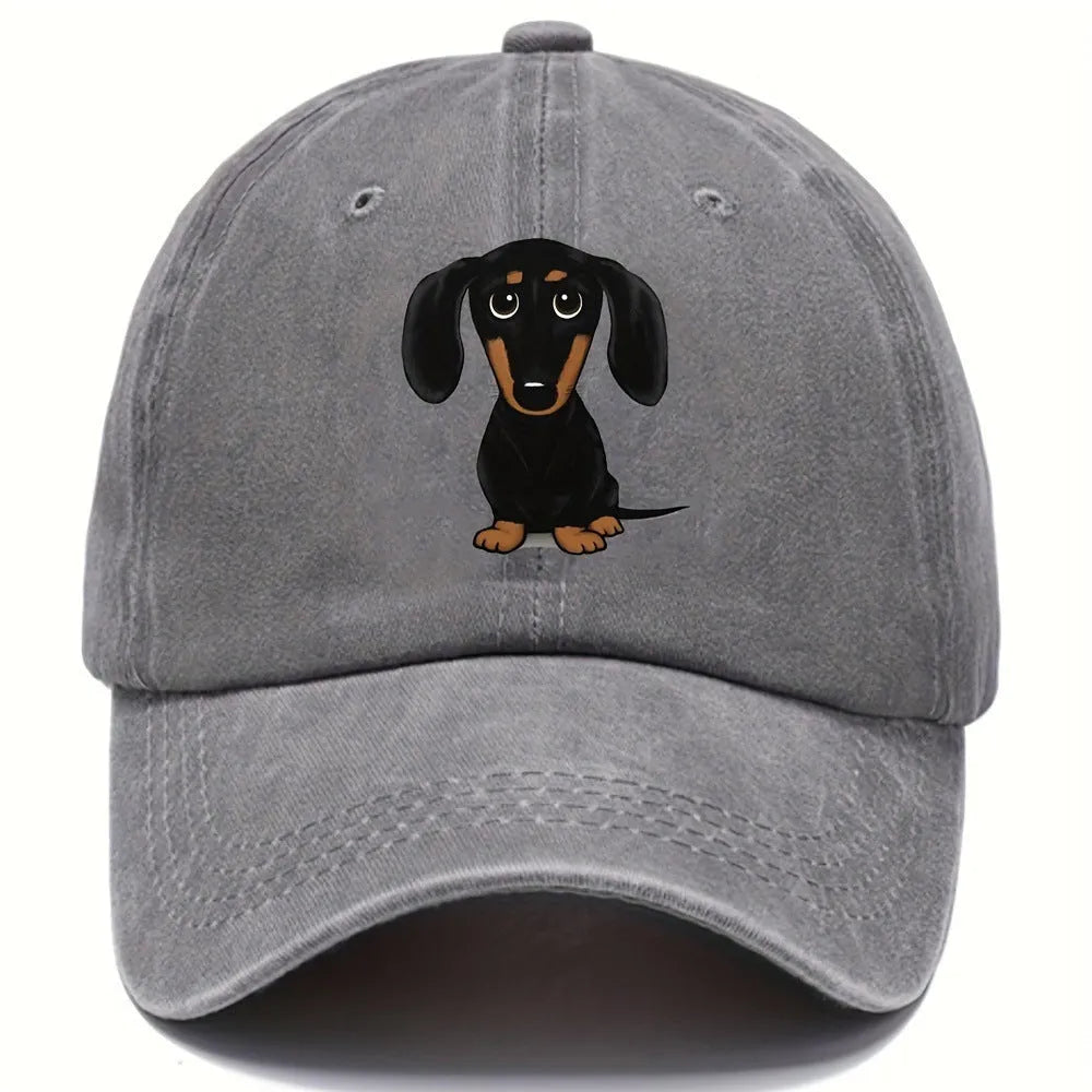 Retro blue cotton baseball cap with a detailed Dachshund dog design on the front.
