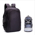 Black Oxford cloth drone backpack open to show internal camera, computer, and organiser pockets.