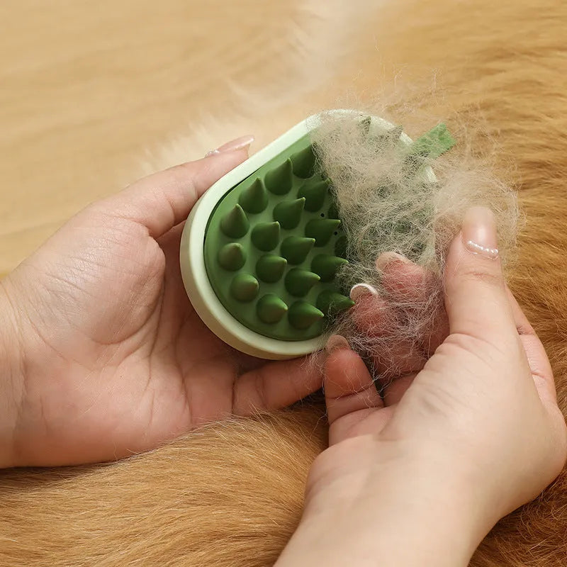 Handheld silicone dog bath brush with soft TPR massage bristles for hair removal during washing.