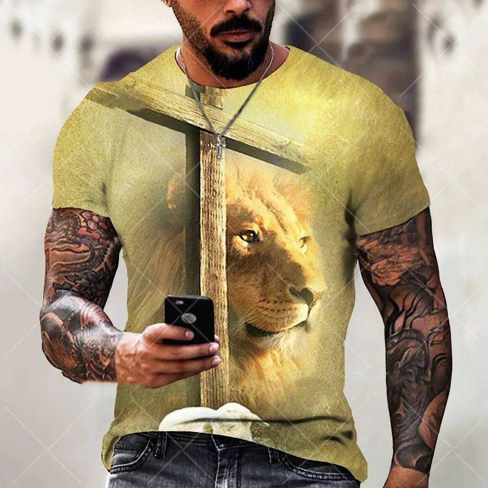 Men's 3D printed Jesus pattern T-shirt in bird eye cloth polyester with short sleeves