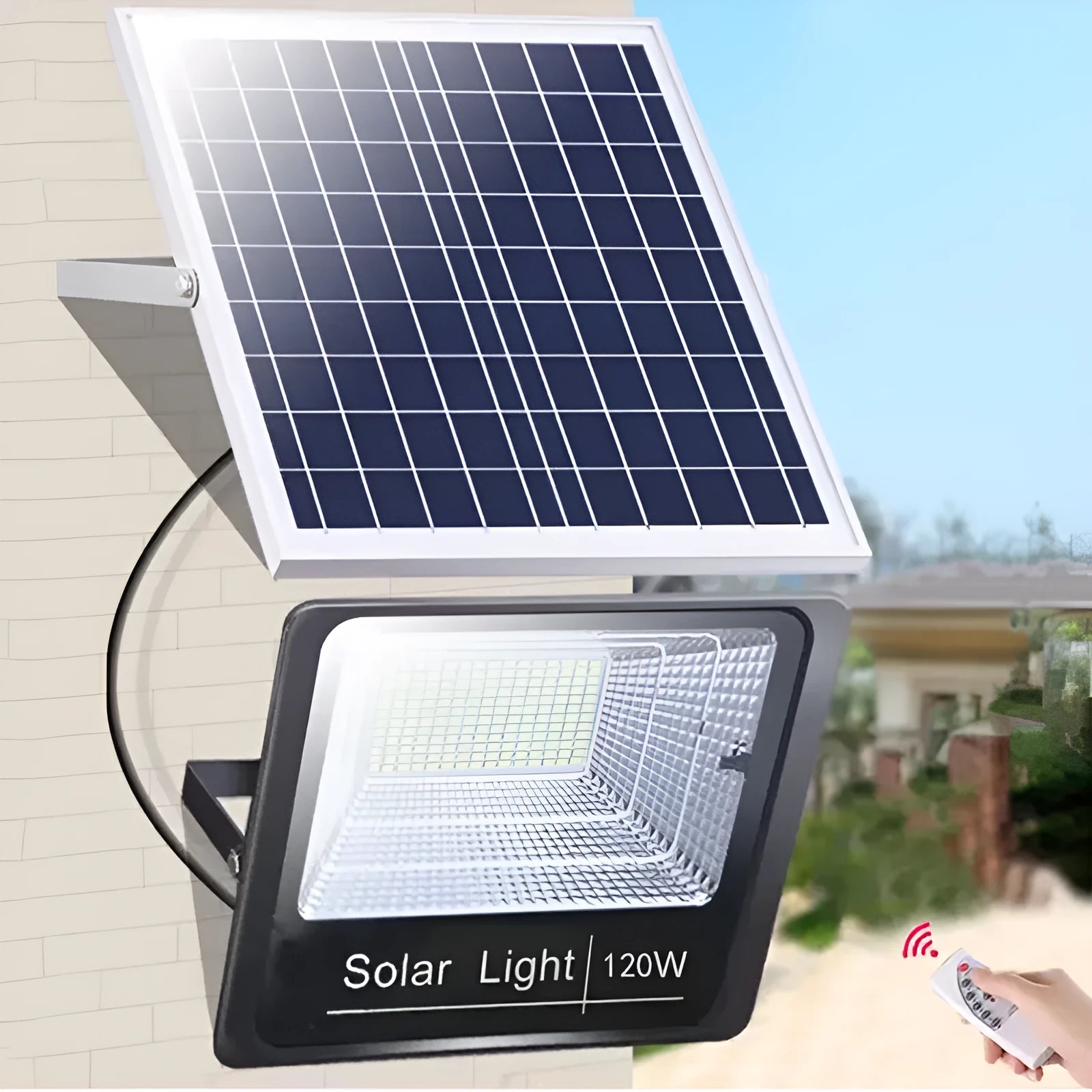 Black solar powered LED flood light for outdoor garden and security lighting with remote control