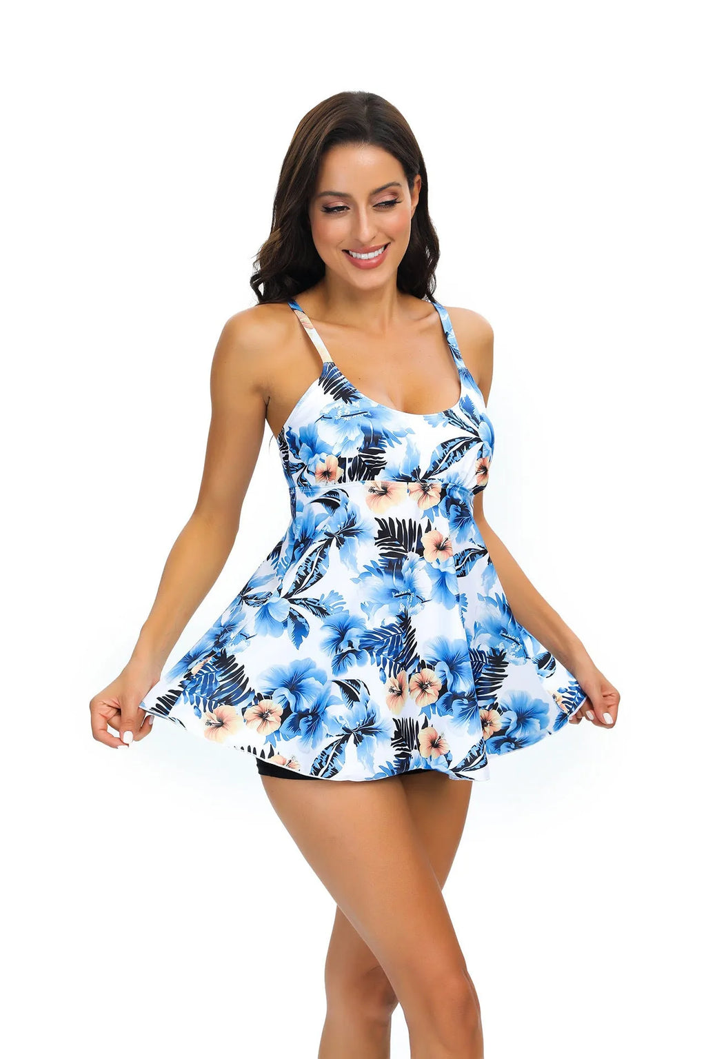 Women's tankini swimsuit with floral print skirt and sleeveless top in loose fit polyester fibre