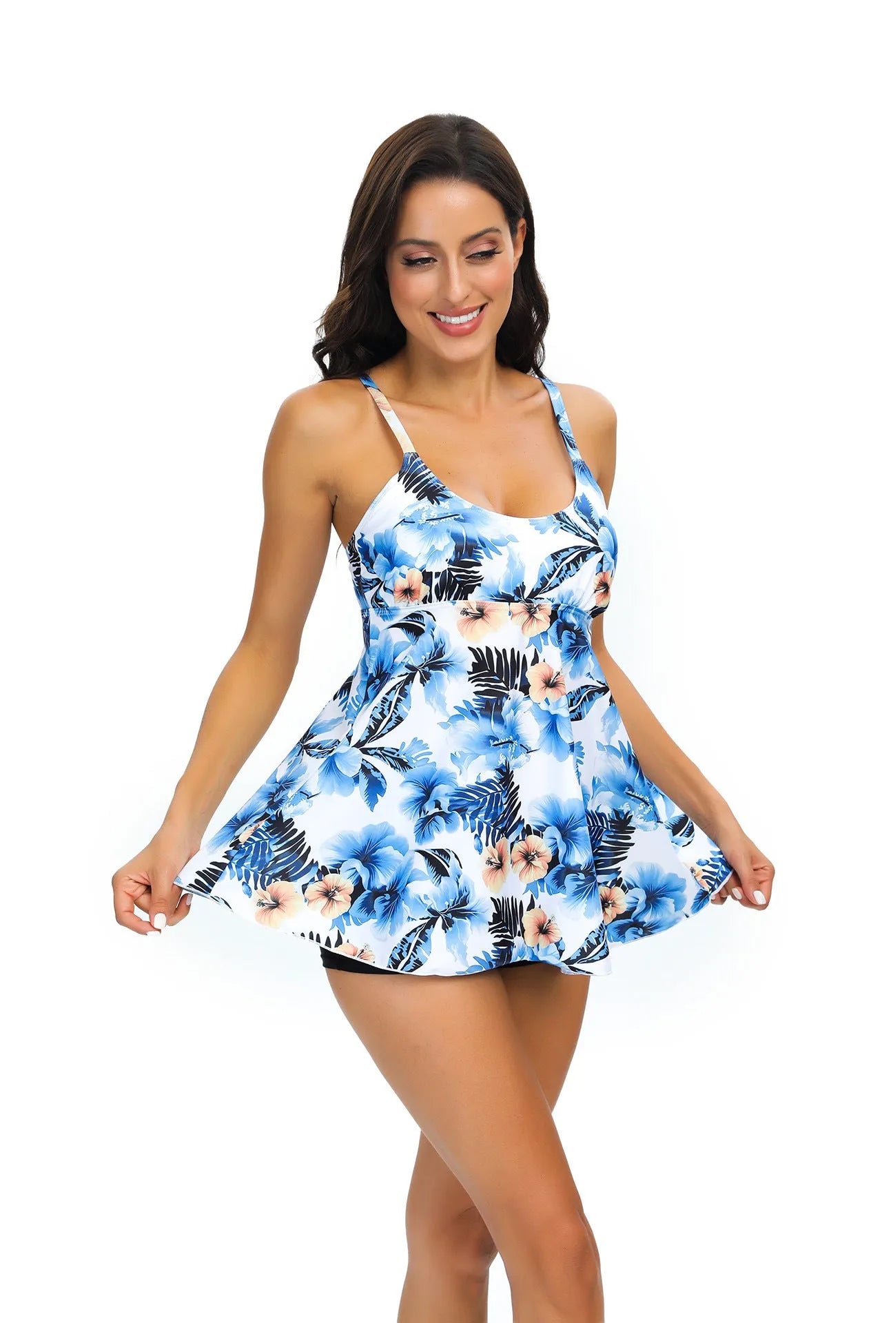Women's tankini swimsuit with floral print skirt and sleeveless top in loose fit polyester fibre
