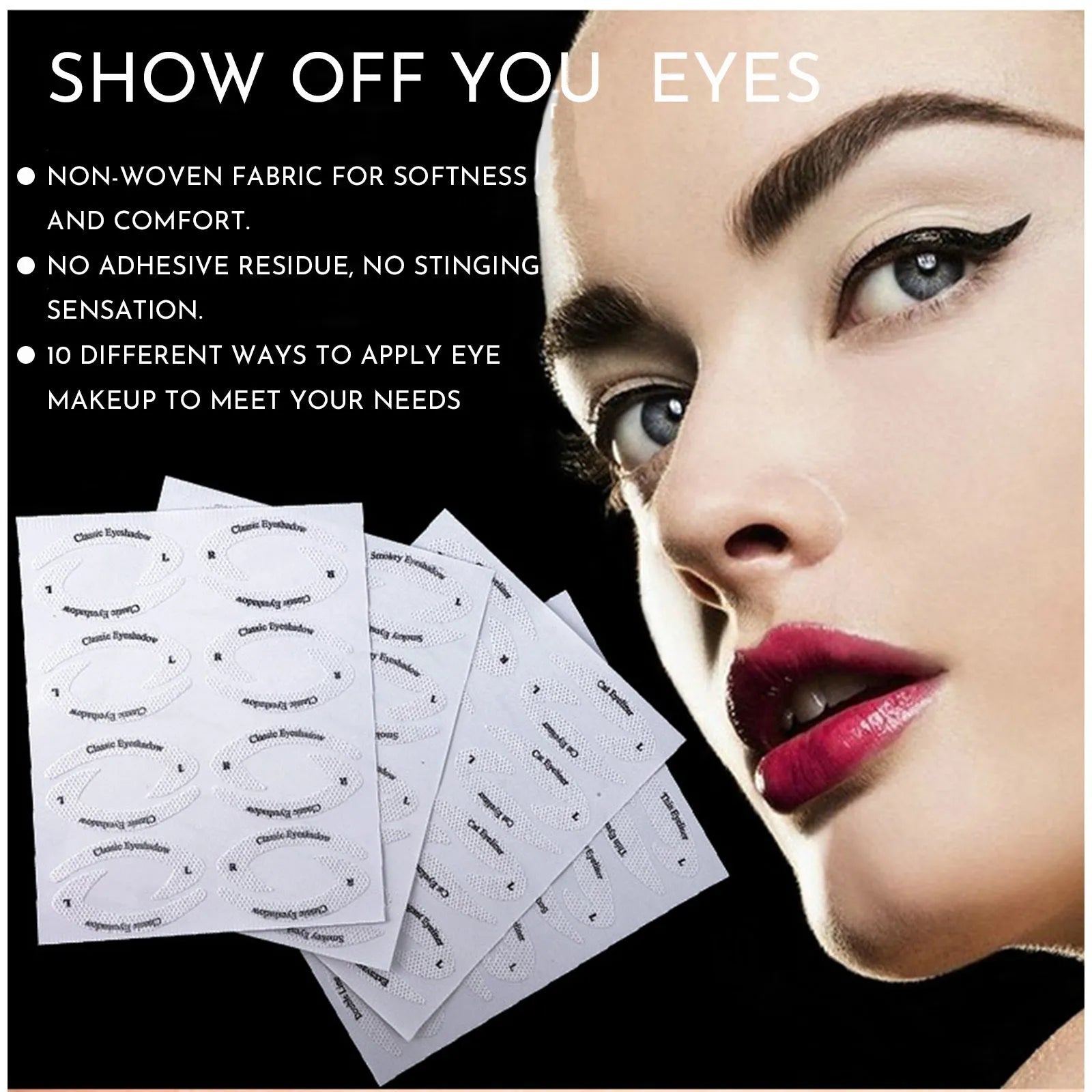 Set of four reusable flexible eyeliner and eyeshadow makeup stencil templates on a pink background