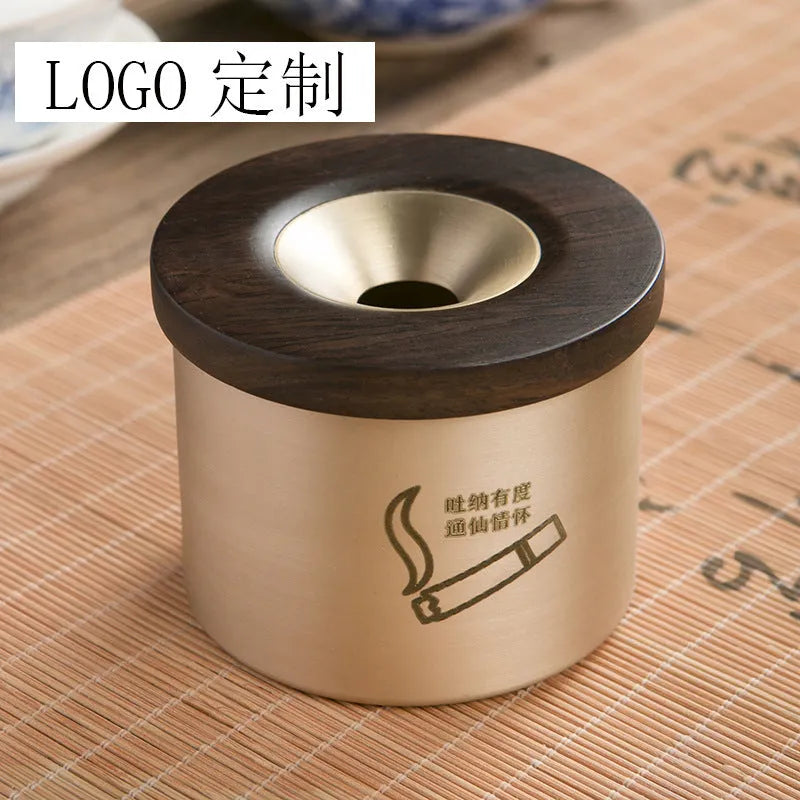Brass retro ashtray with wooden lid featuring centre hole, made from solid copper for living room use