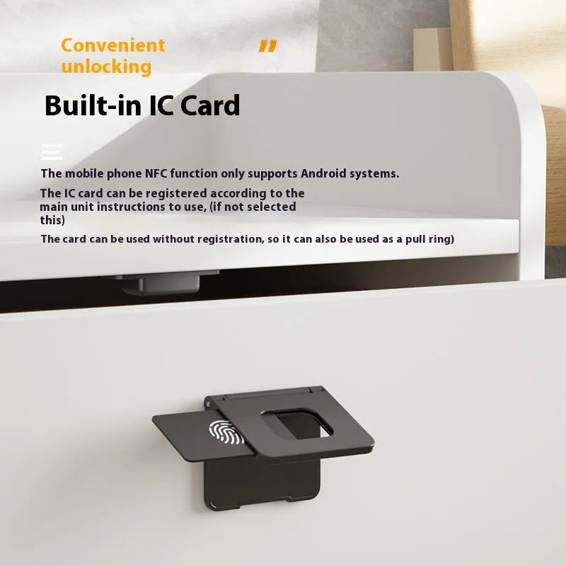F079 punch-free invisible electronic drawer lock with key on modern drawer.