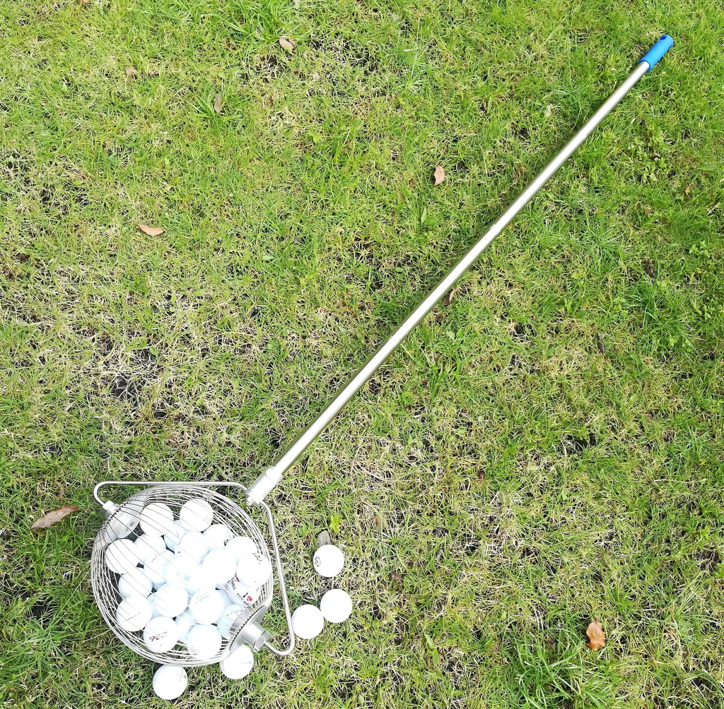 Metallic-coloured stainless steel golf ball picker with magnetic end for trolley attachment
