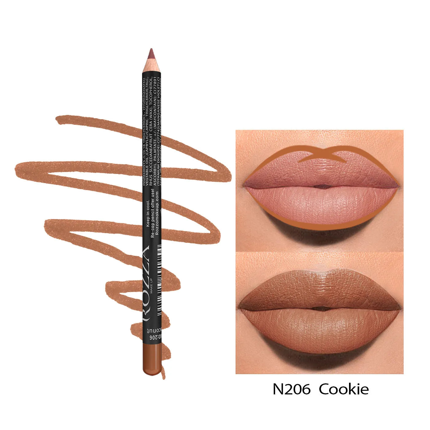 Matte wood lip liner pencil in a shade from the 201-214 colour range, shown sharpened to a point.