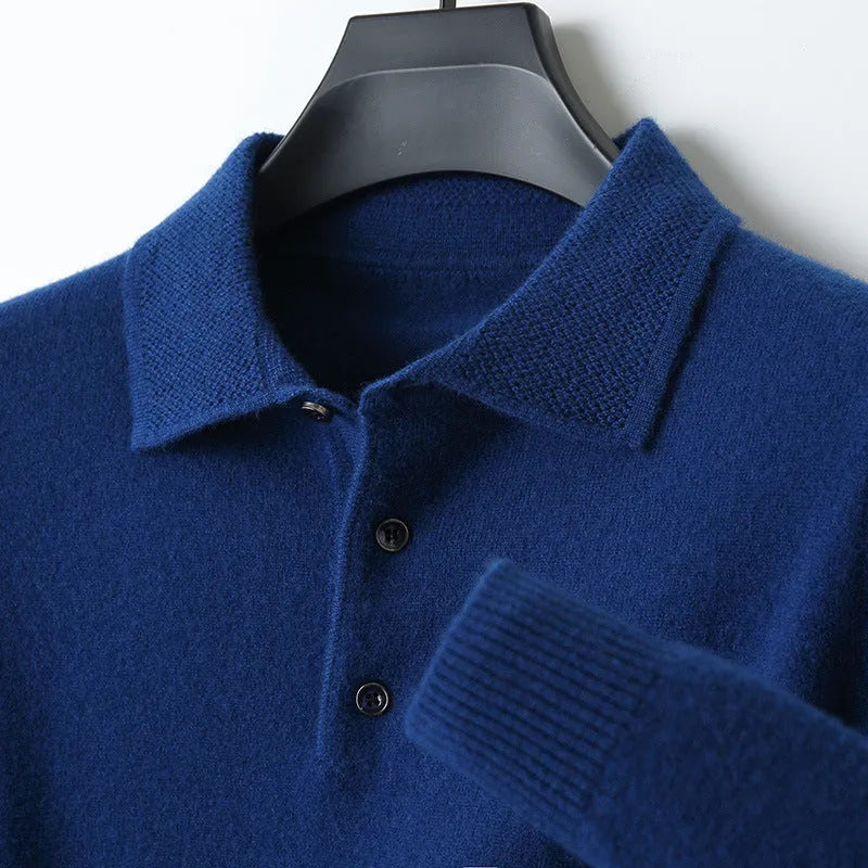 Men's wool polo collar sweater in seven colours with long sleeves and knit texture