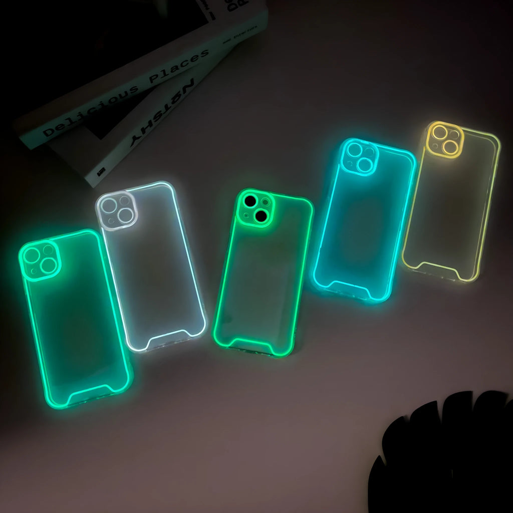 Glow in the dark Christmas phone case for iPhone in blue, green, orange, pink, and yellow colours.