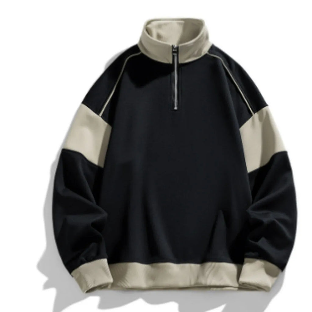 Men's black hooded corduroy sweater with drop shoulders and rabbit fur fabric on a hanger.