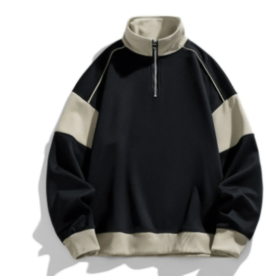 Men's black hooded corduroy sweater with drop shoulders and rabbit fur fabric on a hanger.