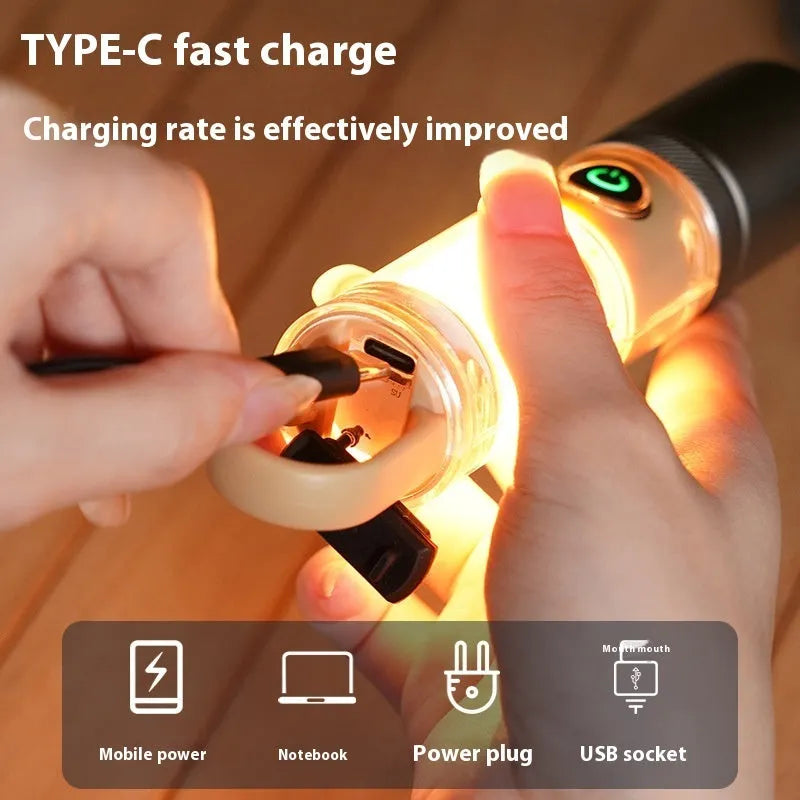 Orange and beige multifunctional flashlight with magnetic hook and optical zoom lens.