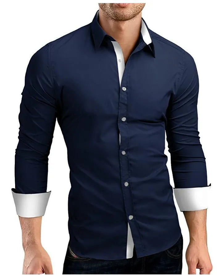 Plus size men's slim fit cotton cardigan shirt with lapel collar, long sleeves, available in navy blue