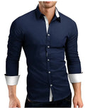 Plus size men's slim fit cotton cardigan shirt with lapel collar, long sleeves, available in navy blue