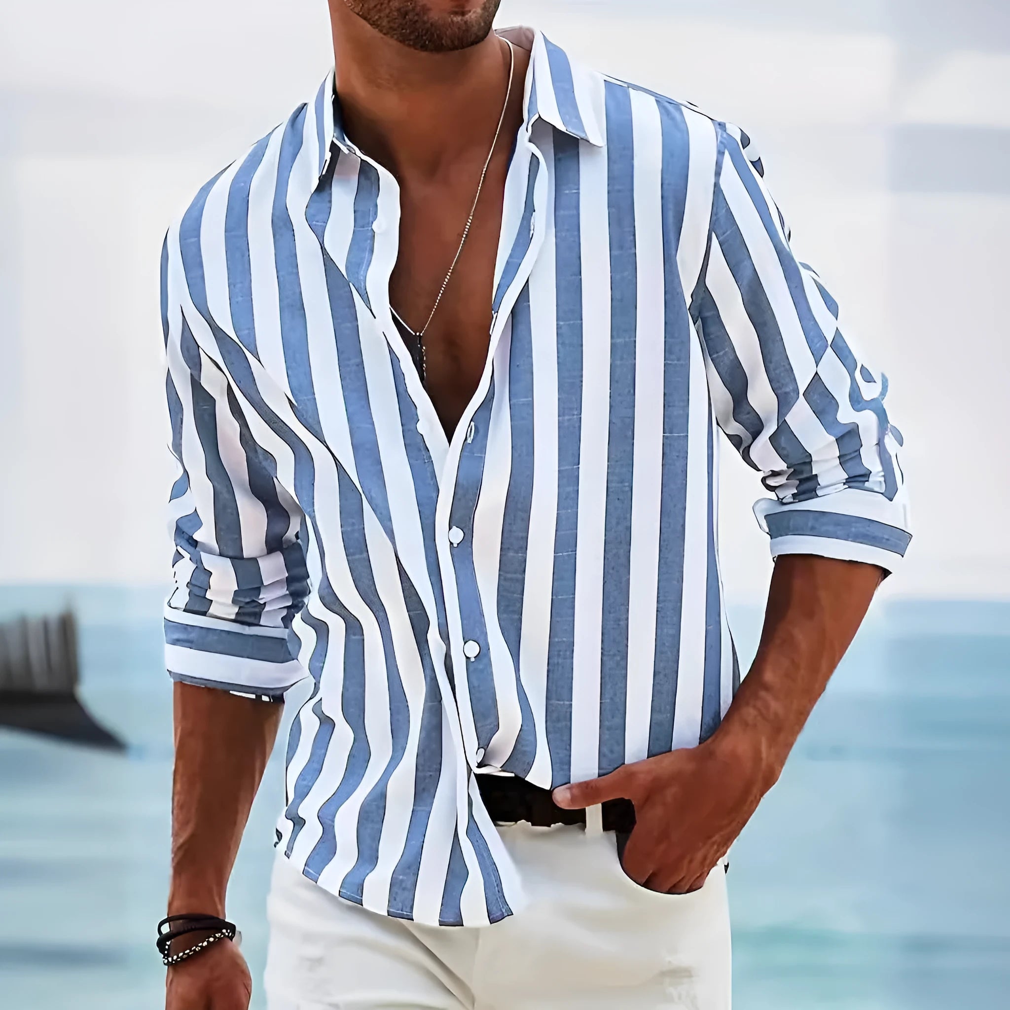 Men's yarn-dyed striped casual shirt in British cardigan style with loose fit and long sleeves