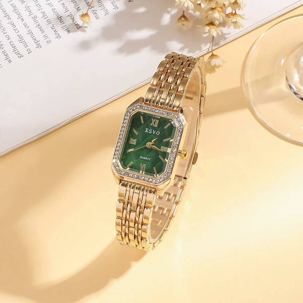 Gold green square women's watch with four matching bracelets, 25mm dial, alloy case