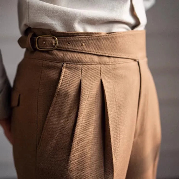Man wearing black high-waist straight-leg casual polyester trousers.