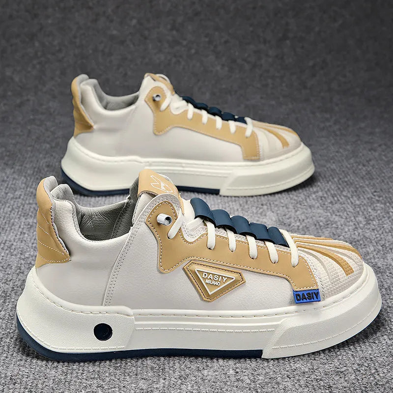 Men's beige low-top sneakers with elastic band closure and round toe on a white background.